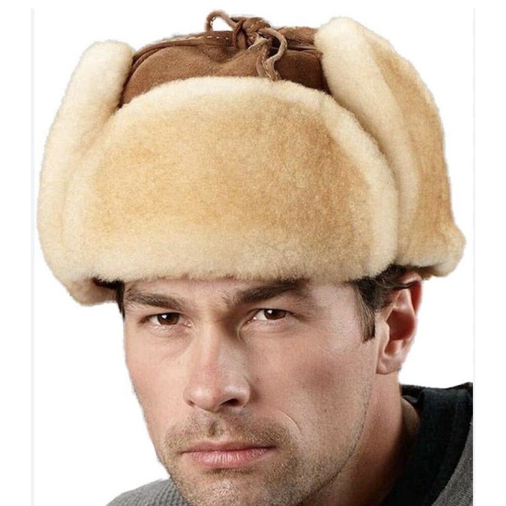 Unisex Trapper Leather Aviator Genuine Shearling Sheepskin Hat Cognac S